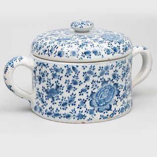 Dutch Delft Blue and White Two Handled Posset Pot and Cover