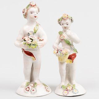 Two Bow or Derby Porcelain Small Figures of Putti Carrying Baskets