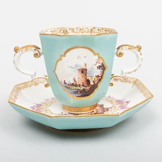 Meissen Porcelain Turquoise Ground Octagonal Two Handled Cup and Saucer