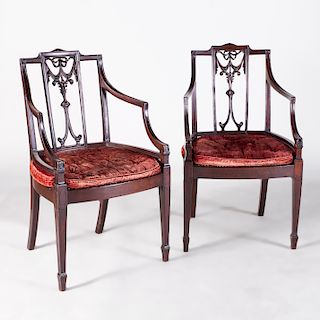 Pair of George III Carved Mahogany and Caned Armchairs