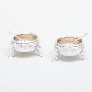Pair of George II Silver Footed Salts and Two Salt Spoons