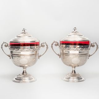 Pair of Egyptian Silver and Ruby Glass Cups and Covers