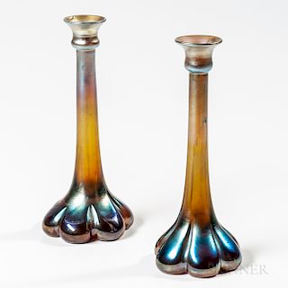 Two Tiffany Studios Gold Favrile Candlesticks