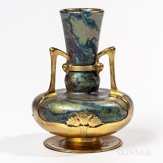 Walter Scherf Zsolnay Ceramic Vase with Gilded Pewter Mounts