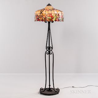 Floor Lamp with Leaded Glass Shade on Wrought Iron Base