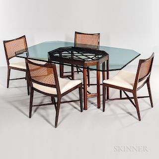 Four Edward Wormley for Dunbar Walnut Woven-back Chairs and a Glass-top Dining Table