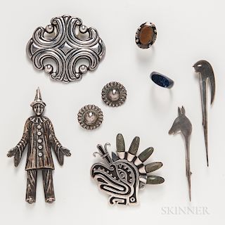 Seven Pieces of Mexican Sterling Silver Jewelry by Los Castillo, Miguel Melendez, and Others