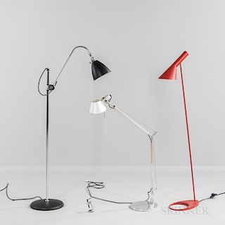 Three Floor Lamps Including an Arne Jacobsen "AJ" for Louis Poulsen and an Artemide "Tolomeo,"