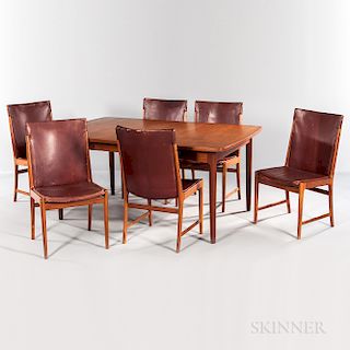 Teak Dining Table and Six Leather Side Chairs