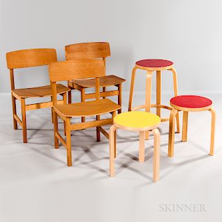 Three Alvar Aalto Birch Plywood L-leg Side Chairs, a Tall Stool, and Two Short Stools