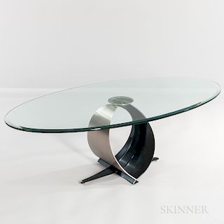 Modernist Glass Coffee Table on Brushed Steel and Enameled Base