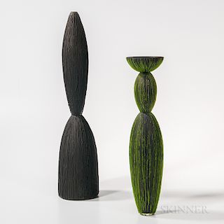 Clare Belfrage Black on Black   and Green on Black   Art Glass Sculptures