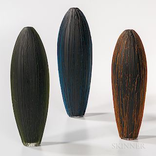 Clare Belfrage Blue on Black  , Green on Black   and Gold on Black   Art Glass Sculptures
