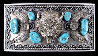 Navajo Large Sterling Buffalo & Turquoise Buckle