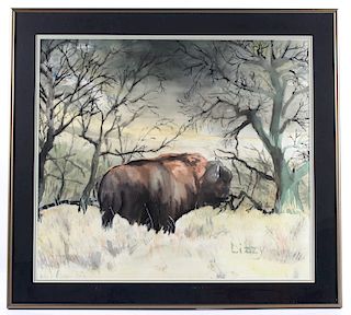 Original Signed Watercolor Buffalo Painting