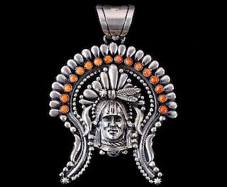Navajo Large Sterling Chieftain Headdress Pendant