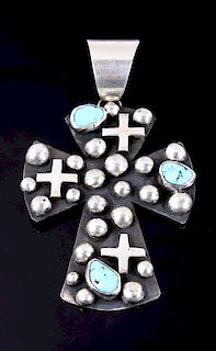 Navajo Sterling Turquoise & Cross Pendant Signed