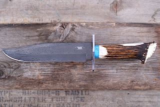 M.T. Knives Damascus Bowie with Turquoise & Stag