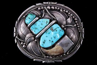 Navajo Bear Claw & Turquoise Sterling Belt Buckle