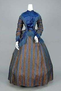 STRIPED SHOT SILK DAY DRESS, EUROPEAN, 1869-1872.