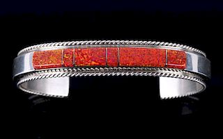 Fran Yazzie Navajo Inlaid Red Opal Sterling Cuff