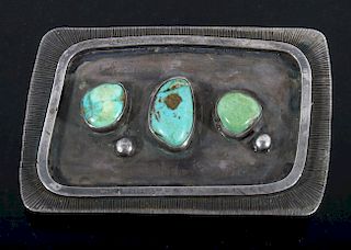 Signed Navajo Silver & Turquoise Belt Buckle