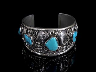 Signed Navajo Silver and Turquoise Bracelet