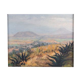 Vista de Puebla con magueyes. Óleo sobre tela. Firmado "Eduardo Villanueva" y fechado 1958. Detalles de conservación. 38 x 48 cm