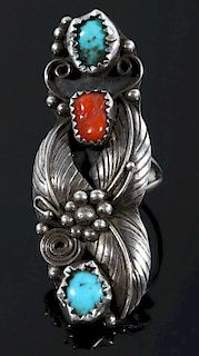 Signed Navajo Turquoise & Coral Cocktail Ring