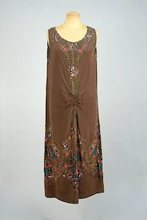 FRENCH BEADED CREPE DRESS with PEACOCKS, EARLY 1920s.