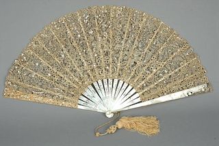 LARGE LACE FAN with MOTHER of PEARL STICKS and SPANGLES, 19th C.
