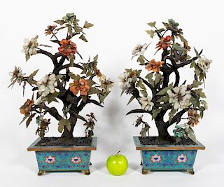 Two Large Chinese Jade Trees in Cloisonne