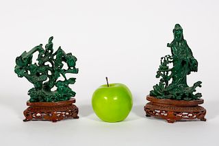 Two Carved Malachite Figures on Wooden Bases