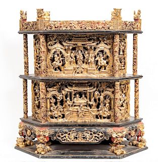 Chinese Carved Giltwood Shrine w/ Court Figures