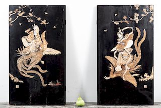 Pair, L. 18th C. Japanese Lacquer Figural Panels