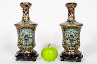 Pair of Chinese Cloisonne Enamel Vases w/ Stands