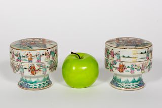 Pair, Chinese Figural Motif Footed Porcelain Boxes