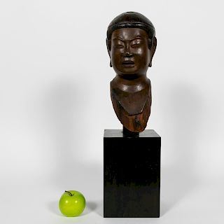 Japanese Carved Wood Buddha Head on Stand