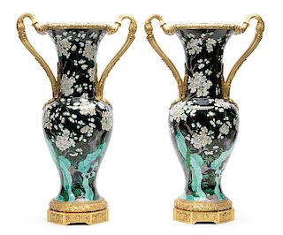 19th C. Dore Bronze Mounted Famille Noir Vases
