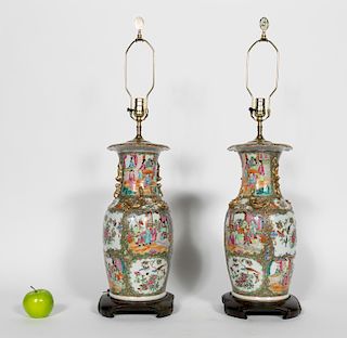 Pr., Chinese Rose Medallion Vases Mounted as Lamps