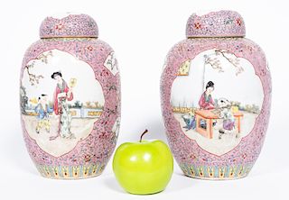 Pair, Chinese Famile Rose Lidded Porcelain Jars