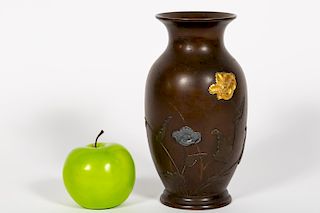 Japanese Bronze & Mixed Metal Floral Motif Vase