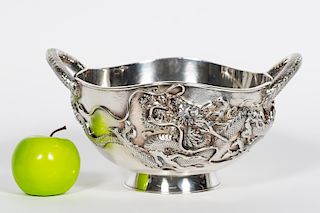 Meiji "Sanju Saku" Repousse Silver Dragon Bowl