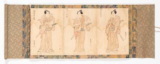 Japanese Figural Painted Scroll, Three Samurai