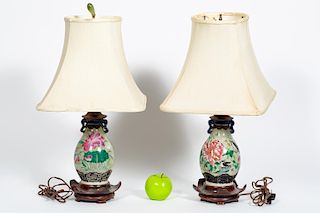 Pair, Porcelain Japanese Floral Motif Table Lamps