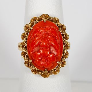 Yellow Gold & Dark Red Coral Floral Motif Ring