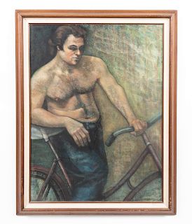 Mid 20th C. Signed Pastel Work, Man With Bicycle