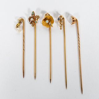 5 Assorted Gold, Pearl and Gemstone Stick Pins