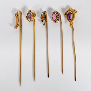 Five Assorted Yellow Gold Stick Pins