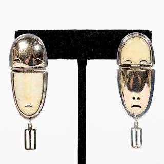 Pair, Denise Wallace 14k & Sterling Mask Earrings